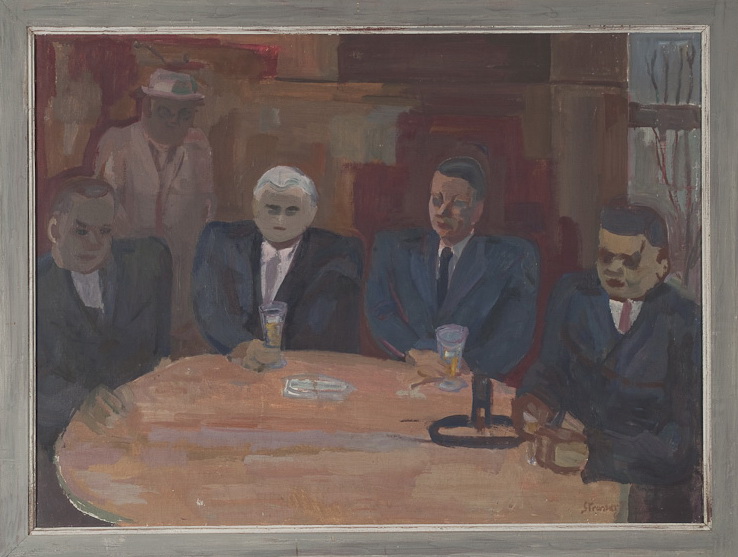 Am runden Tisch<br />1969, Öl auf Leinwand, 68 x 92 cm