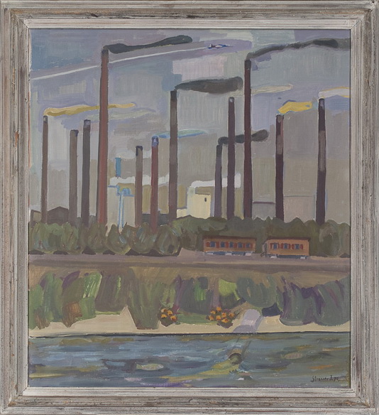 Naturschutzjahr, Fabrikschlote am Rhein<br />1970, Öl auf Leinwand, 80 x 72 cm
