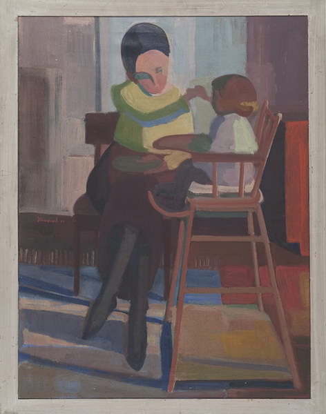 Junge Frau, Kind auf Stühlchen. Mahlzeit<br />1934, Öl auf Leinwand, 100 x 76 cm