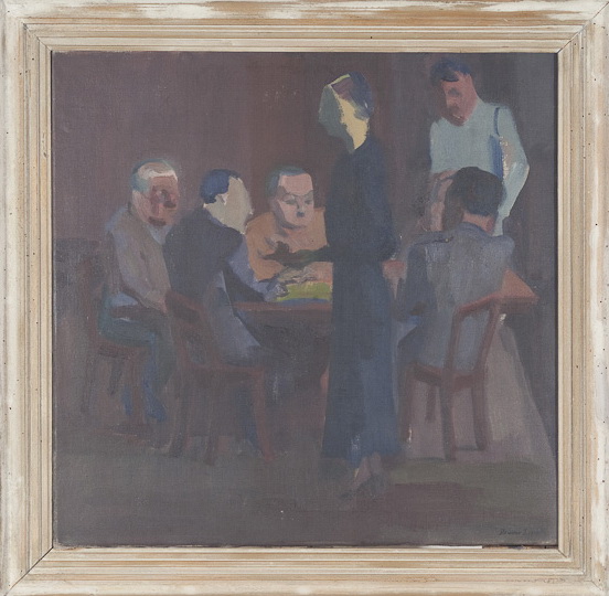 Spieler und Kellnerin in Wirtschaft<br />1937, Öl auf Leinwand, 49 x 50cm