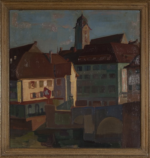 Alter Zoll, Hotel Schiff von der Rheinbrücke aus<br />1933, Öl auf Leinwand, 60 x 61 cm