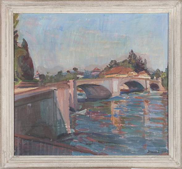 Rheinbrücke, Blick auf badische Seite<br />1940. Öl auf Leinwand, 38 x 38 cm