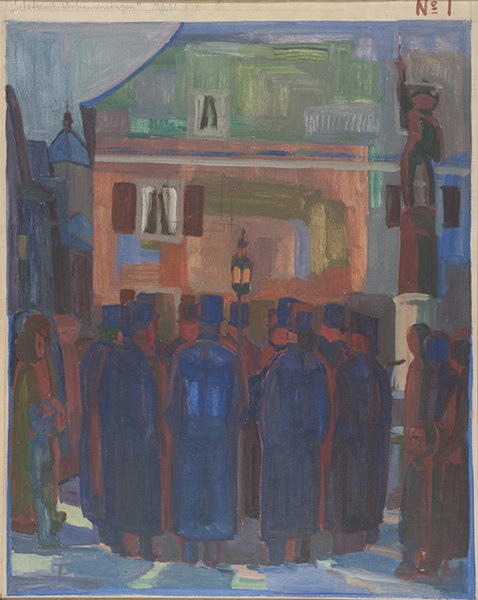 Rheinfelden. Sebastianibruderschaft. Brunnensingen<br />1930, Öl auf Leinwand, 96 x 77 cm